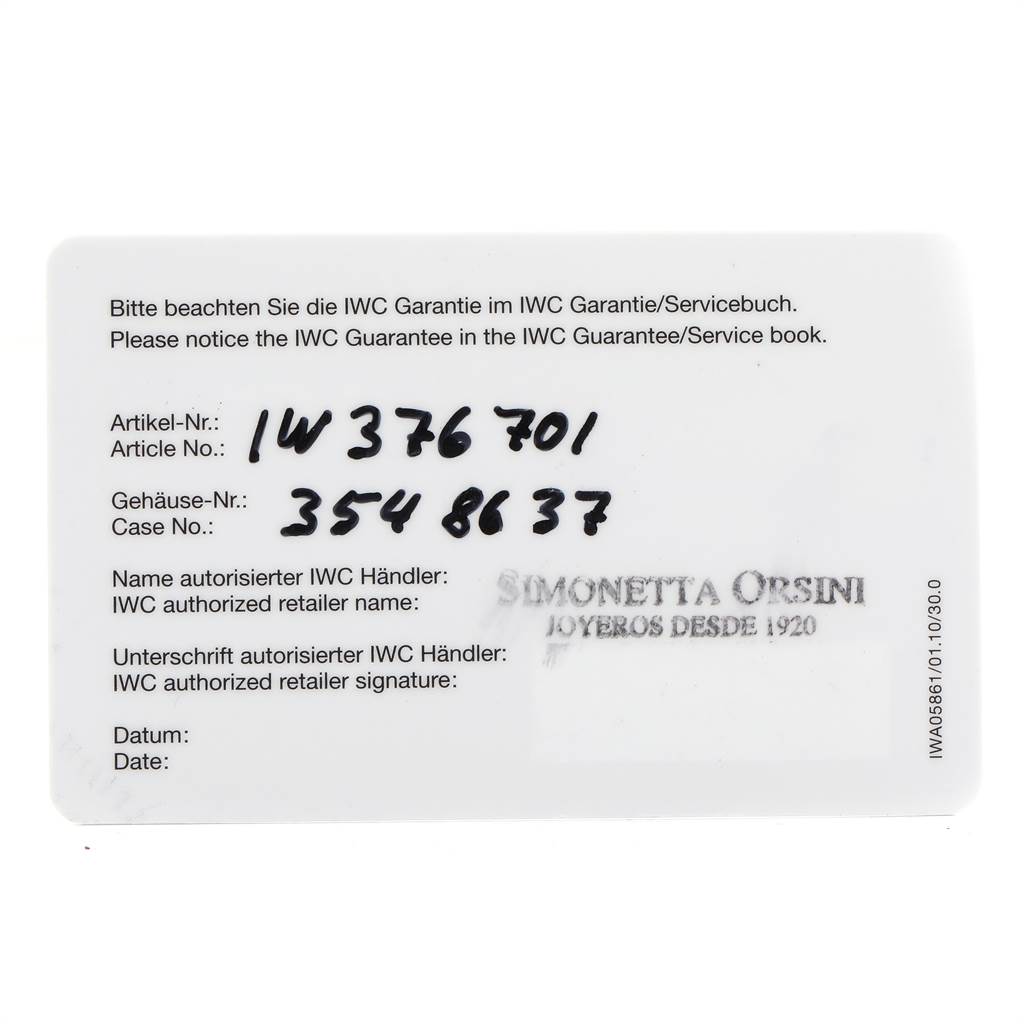 This is a warranty card for the IWC Aquatimer IW376701 Men's Stainless Steel Black Dial IW376701 Men's Stainless Steel Black Dial model watch displaying the article and case numbers.