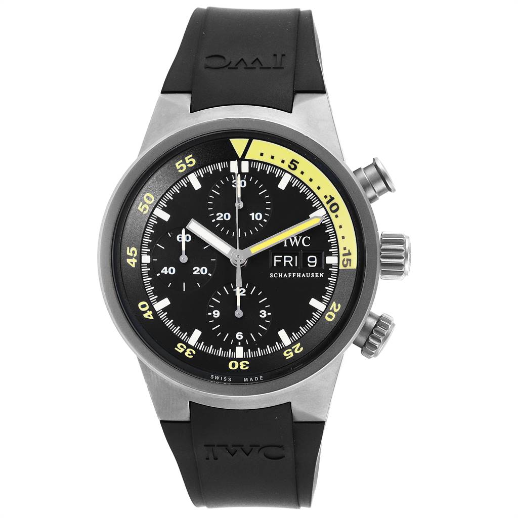 The IWC GST IW371918 Men's Titanium Black Dial IW371918 Men's Titanium Black Dial watch is shown from the front, displaying the dial, chronograph subdials, and pushers on the side.