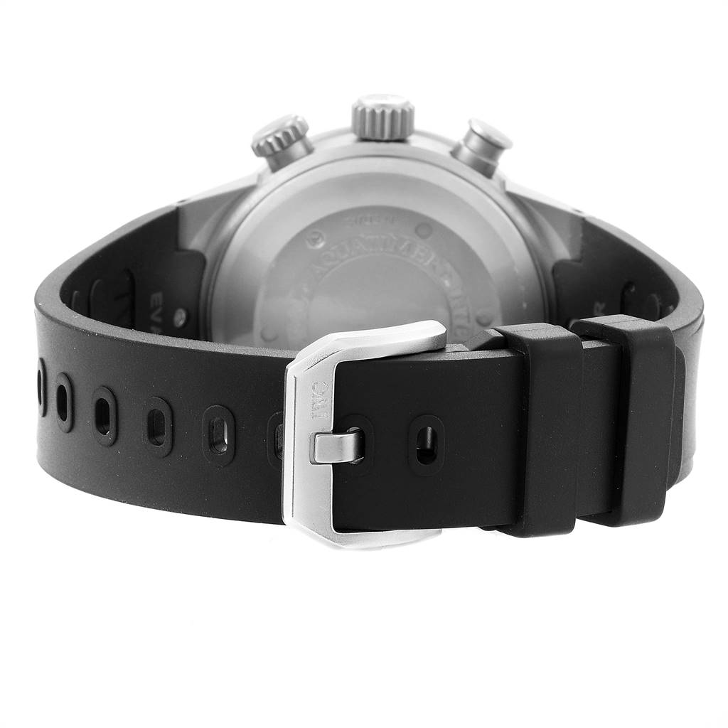 The image shows the back angle of the IWC GST IW371918 Men's Titanium Black Dial IW371918 Men's Titanium Black Dial model, highlighting its black strap and metal buckle.