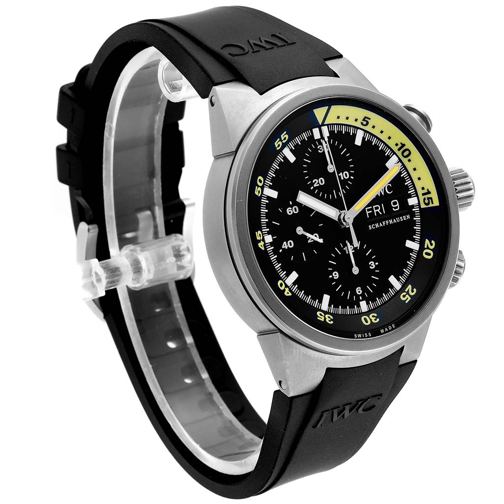 The image shows a side-angle view of the IWC GST IW371918 Men's Titanium Black Dial IW371918 Men's Titanium Black Dial watch, featuring its dial, bezel, and rubber strap.