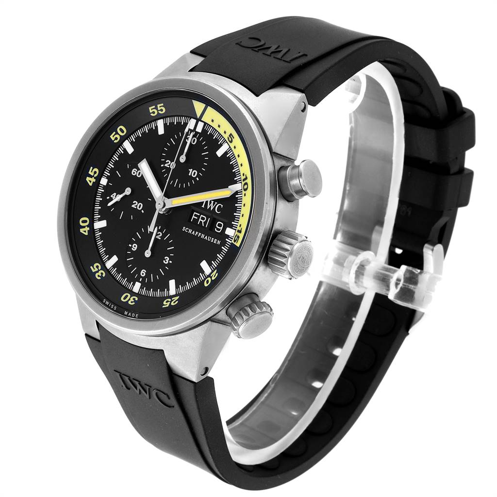 The IWC GST IW371918 Men's Titanium Black Dial IW371918 Men's Titanium Black Dial model watch is shown from a three-quarter angle, displaying its face, bezel, buttons, and black strap.