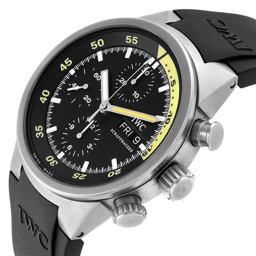 The image shows a close-up, angled view of an IWC GST IW371918 Men's Titanium Black Dial IW371918 Men's Titanium Black Dial watch displaying its face, pushers, and part of its strap.