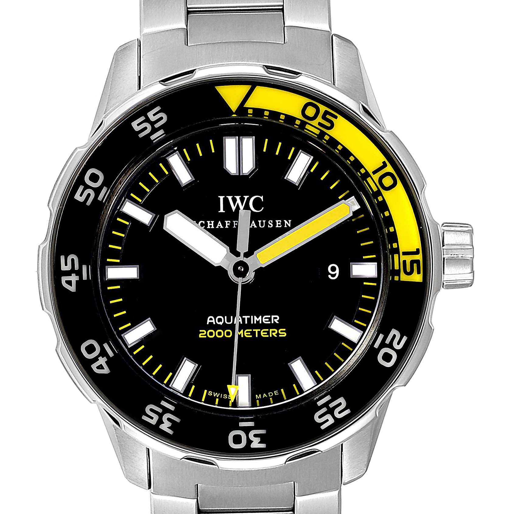The image shows a front view of the IWC Aquatimer IW356801 Men's Stainless Steel Black Dial IW356801 Men's Stainless Steel Black Dial watch, displaying the dial, bezel, and part of the bracelet.