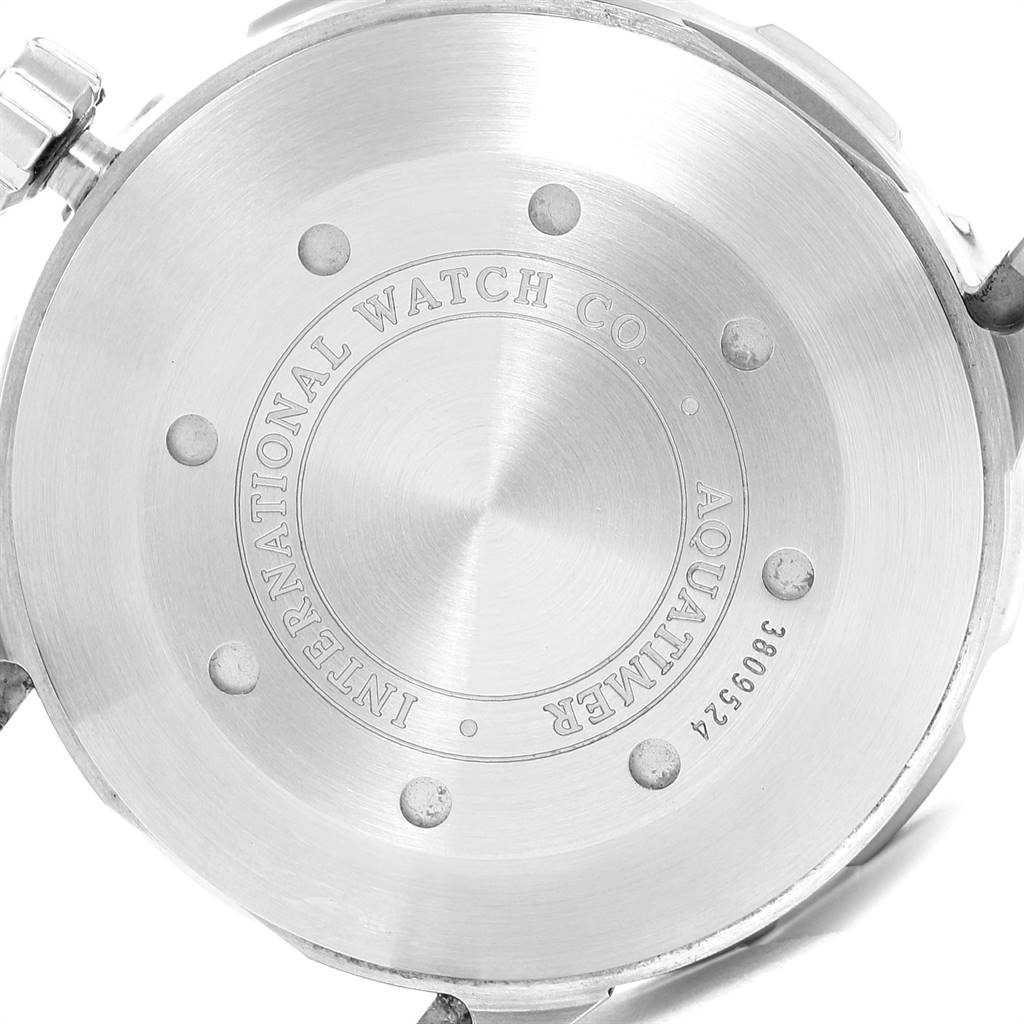 This image shows the back case of the IWC Aquatimer IW356801 Men's Stainless Steel Black Dial IW356801 Men's Stainless Steel Black Dial watch at a top-down angle.