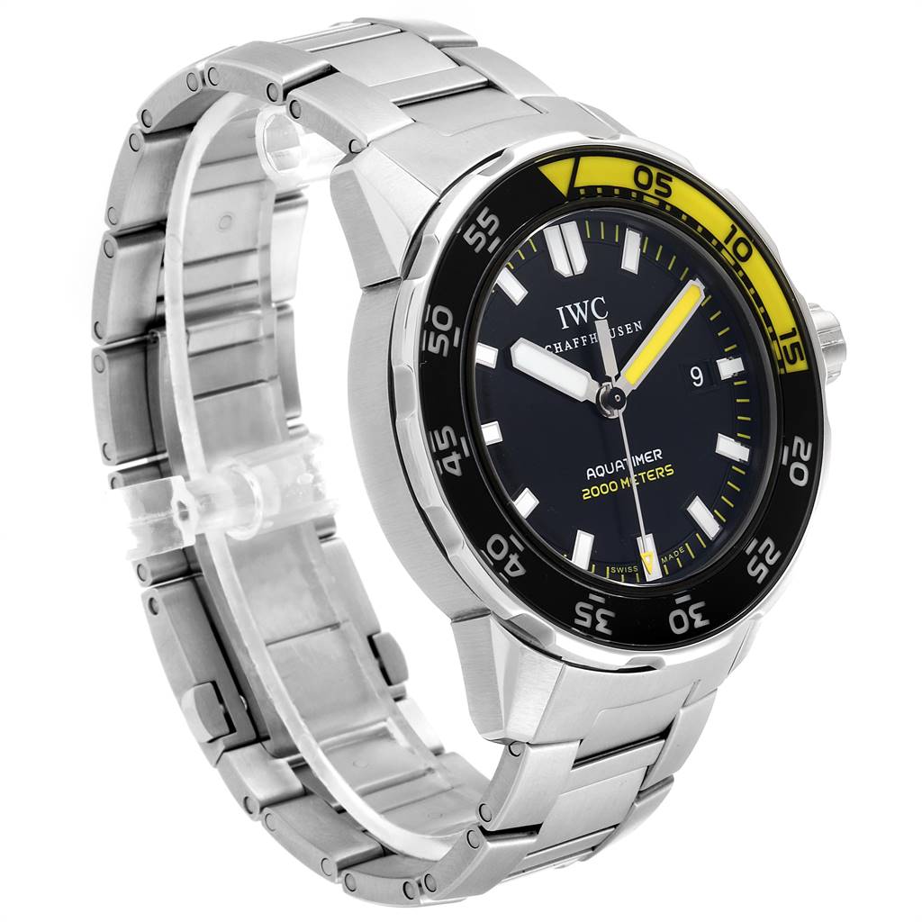 The image shows an IWC Aquatimer IW356801 Men's Stainless Steel Black Dial IW356801 Men's Stainless Steel Black Dial watch with a stainless steel bracelet, black dial, and yellow accents, angled from the front-left side.