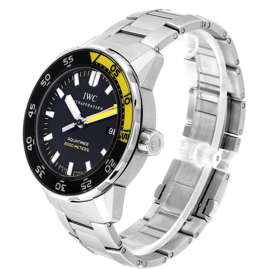The IWC Aquatimer IW356801 Men's Stainless Steel Black Dial IW356801 Men's Stainless Steel Black Dial watch is shown from a slight right-side angle, displaying the face, bezel, bracelet, and crown.