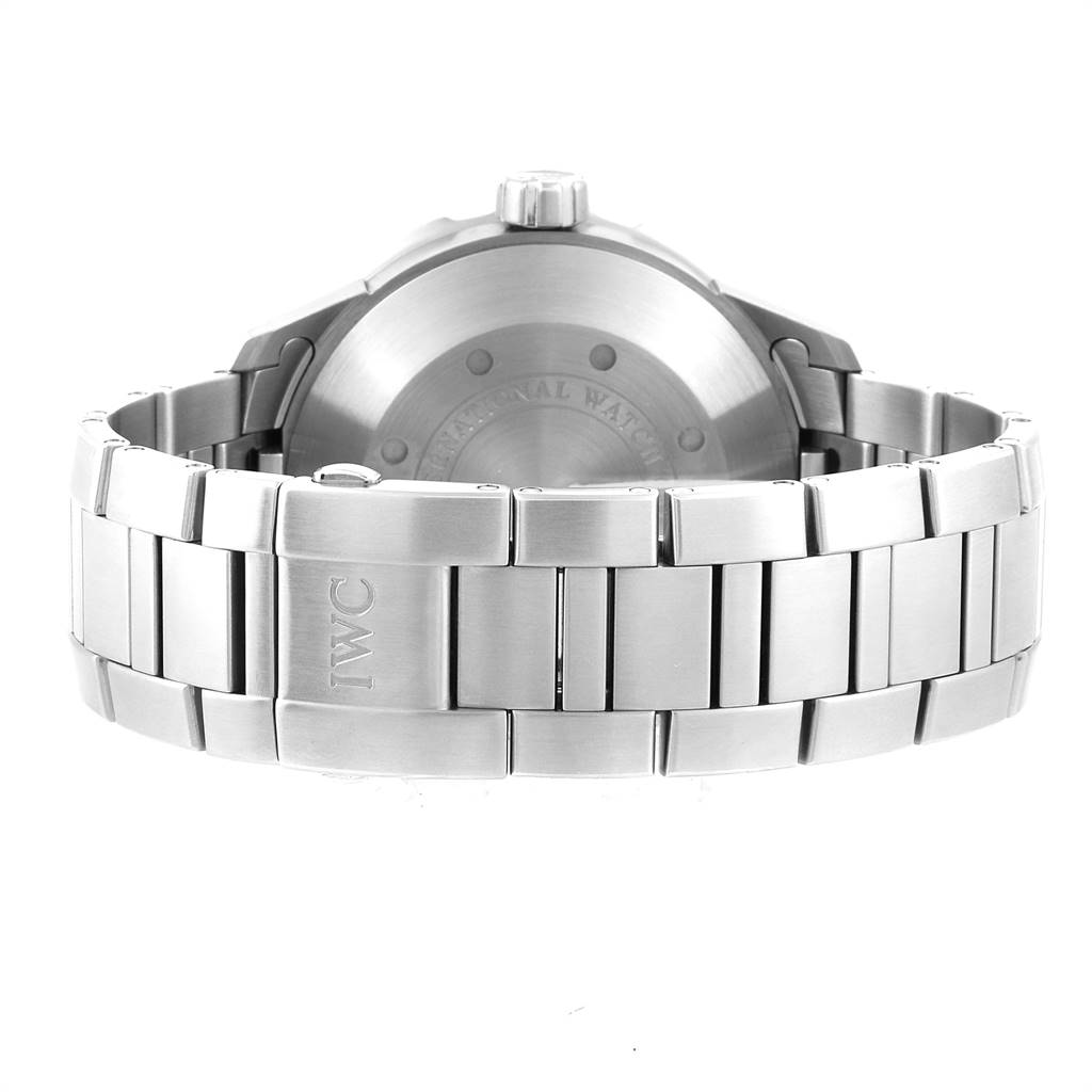 The image shows the backside and bracelet of an IWC Aquatimer IW356801 Men's Stainless Steel Black Dial IW356801 Men's Stainless Steel Black Dial watch, featuring a stainless steel band.