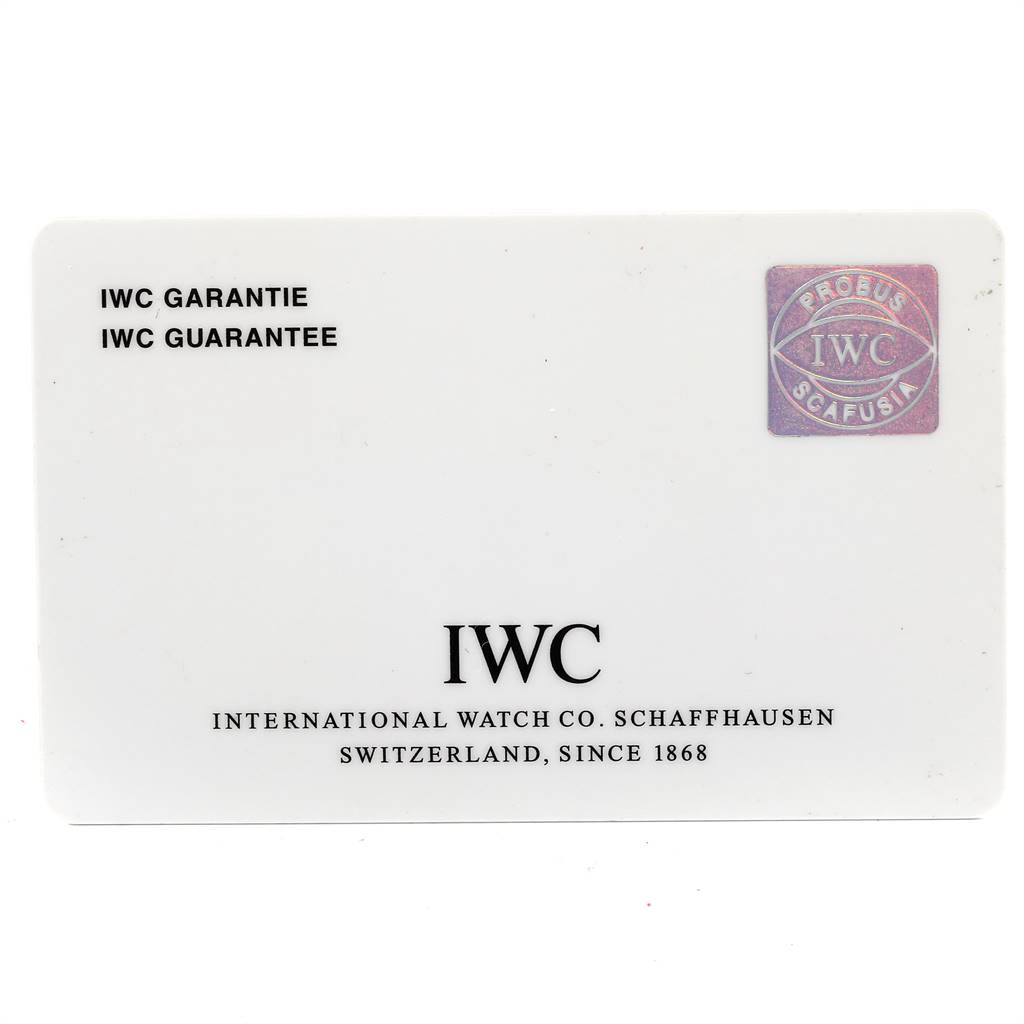 The image shows the guarantee card for the IWC Aquatimer IW356801 Men's Stainless Steel Black Dial IW356801 Men's Stainless Steel Black Dial watch model.