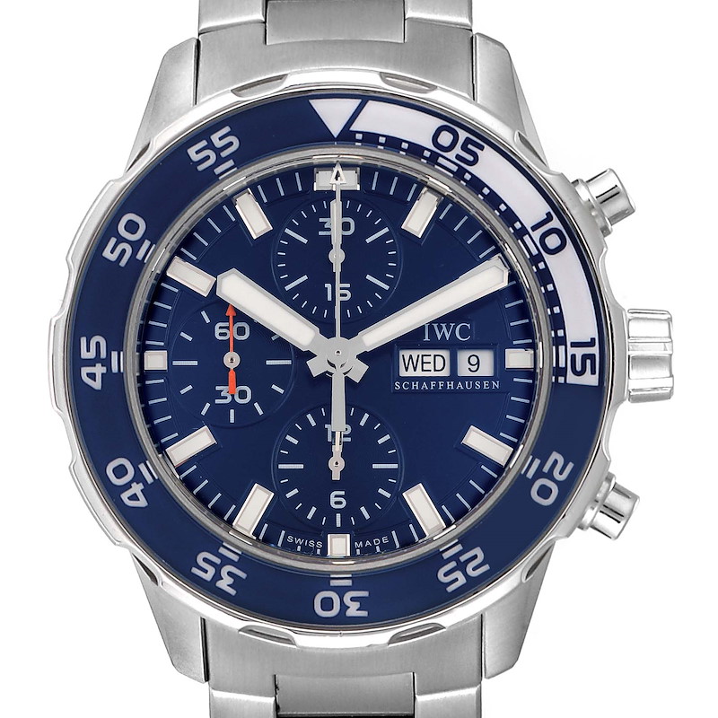 The image shows a frontal view of the IWC Aquatimer watch, highlighting its face, bezel, and part of the bracelet.