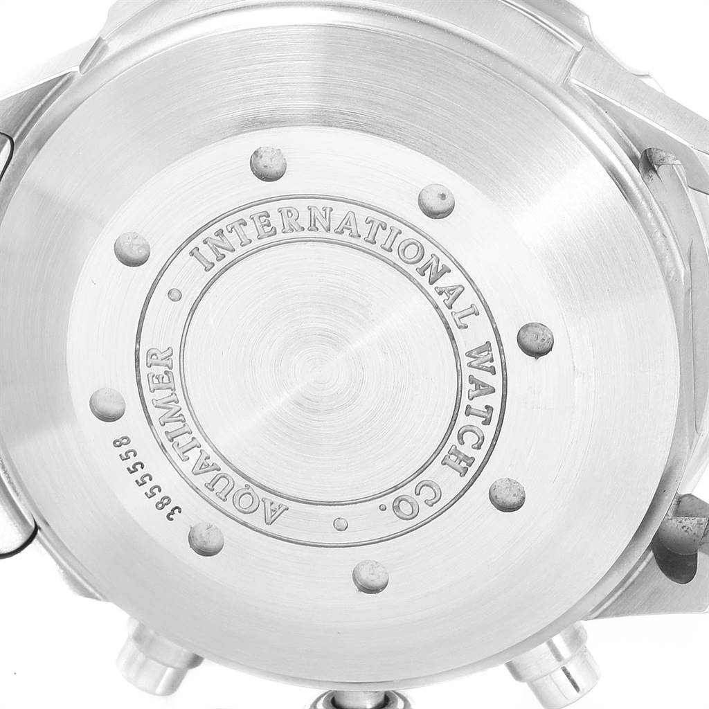 The image shows the case back of the IWC Aquatimer IW376710 Men's Stainless Steel Blue Dial IW376710 Men's Stainless Steel Blue Dial watch, highlighting the engravings.