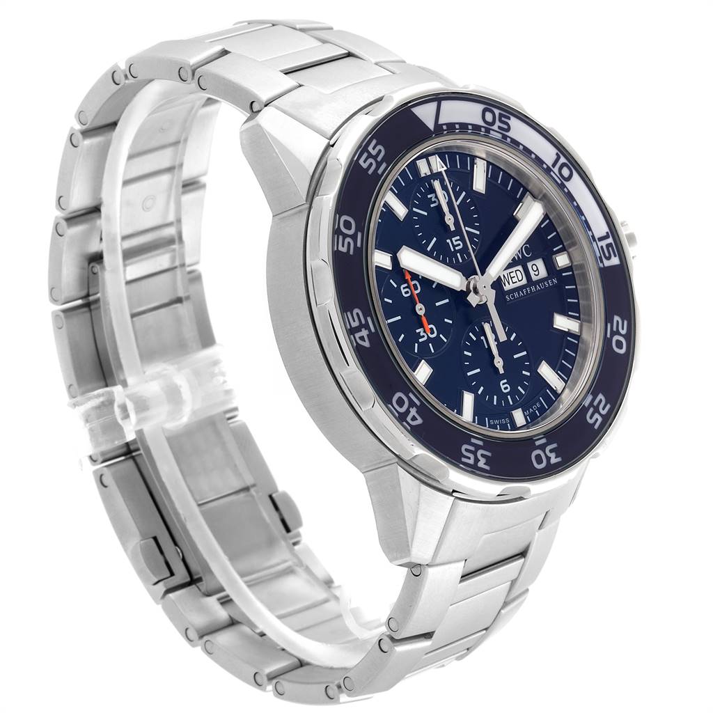 The IWC Aquatimer IW376710 Men's Stainless Steel Blue Dial IW376710 Men's Stainless Steel Blue Dial watch is shown at an angle highlighting the face, bezel, and metal bracelet.