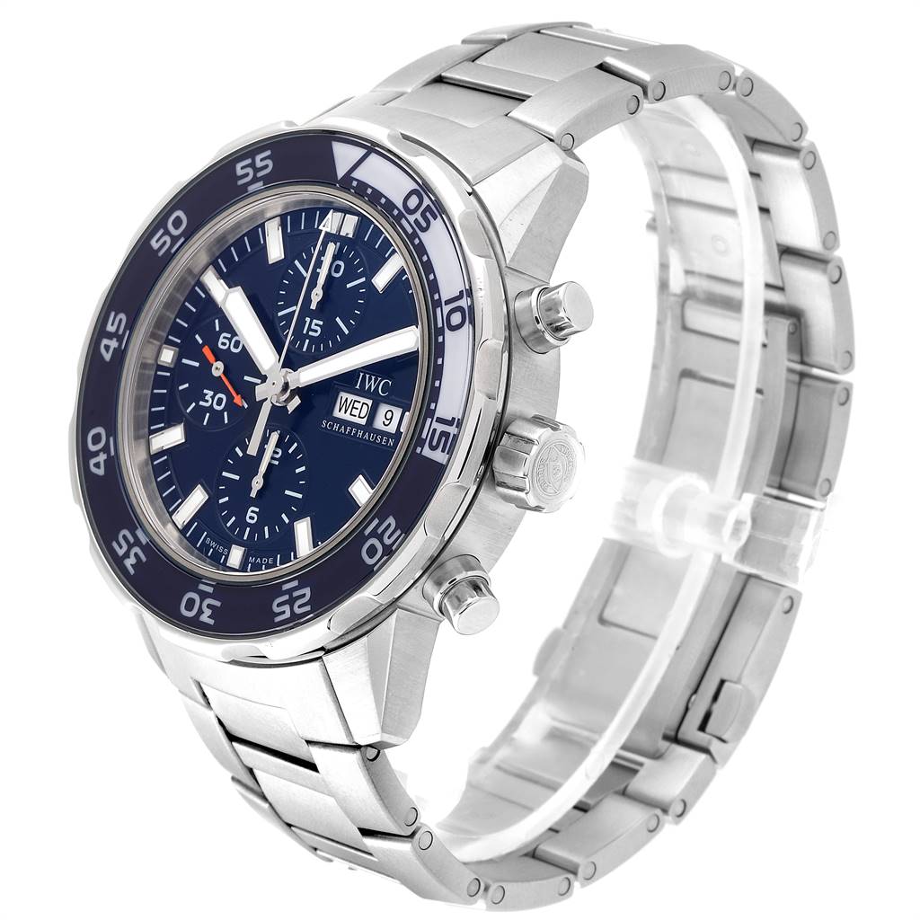 The IWC Aquatimer IW376710 Men's Stainless Steel Blue Dial IW376710 Men's Stainless Steel Blue Dial watch is shown at a three-quarter angle, displaying its face, bezel, crown, pushers, and bracelet.