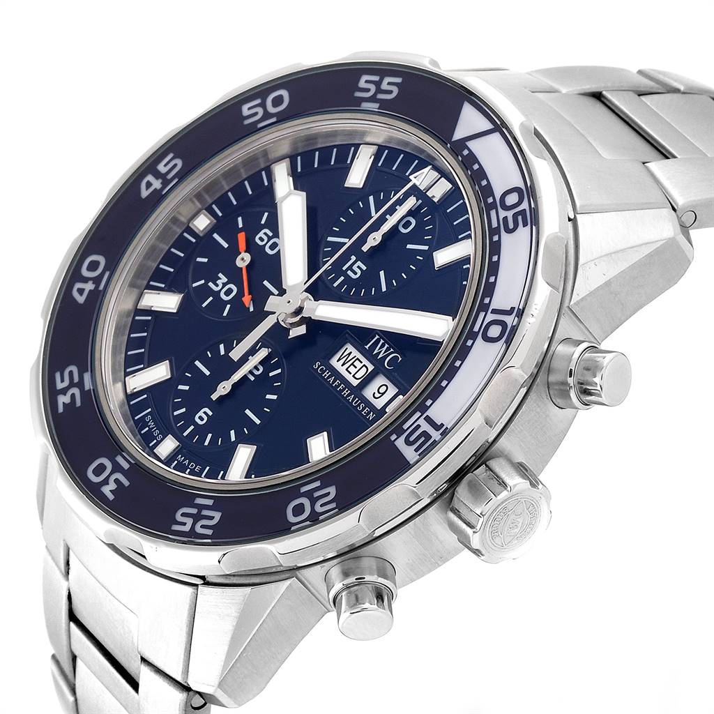The image shows a close-up, angled view of the face, bezel, and bracelet of an IWC Aquatimer IW376710 Men's Stainless Steel Blue Dial IW376710 Men's Stainless Steel Blue Dial watch.