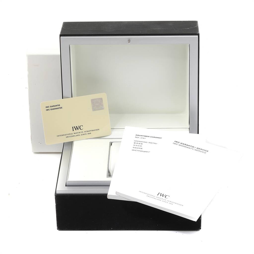 The image shows an IWC Aquatimer IW376710 Men's Stainless Steel Blue Dial IW376710 Men's Stainless Steel Blue Dial watch box, warranty card, and instruction manuals photographed from the front angle.