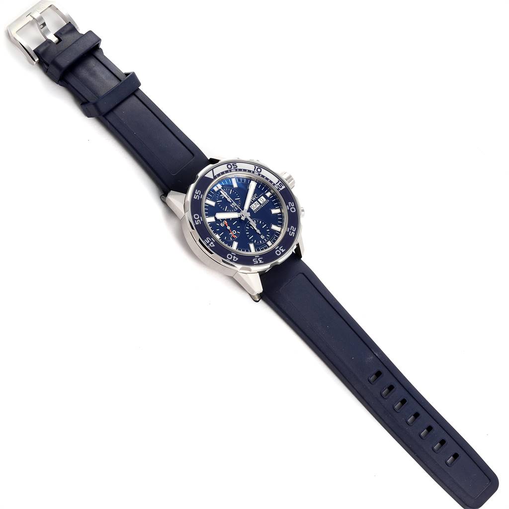 The IWC Aquatimer IW376711 Men's Stainless Steel Blue Dial IW376711 Men's Stainless Steel Blue Dial watch is shown from a top-down view, displaying the face, bezel, and strap.