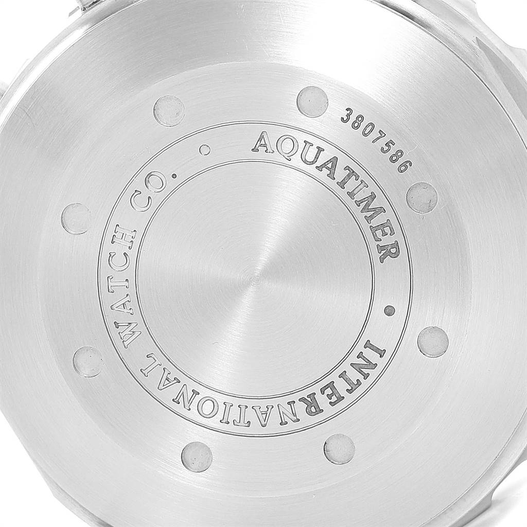 The image shows the back case of an IWC Aquatimer IW376711 Men's Stainless Steel Blue Dial IW376711 Men's Stainless Steel Blue Dial watch with engraved branding and serial number.