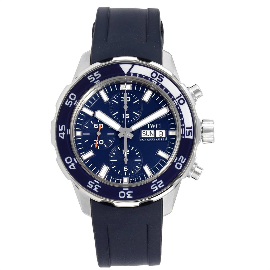 The image shows a frontal view of the IWC Aquatimer IW376711 Men's Stainless Steel Blue Dial IW376711 Men's Stainless Steel Blue Dial watch, highlighting the dial, rotating bezel, chronograph buttons, and strap.