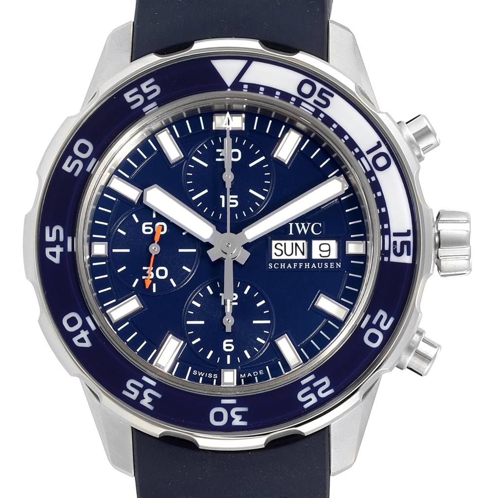The IWC Aquatimer IW376711 Men's Stainless Steel Blue Dial IW376711 Men's Stainless Steel Blue Dial watch is shown from a front angle, displaying the face, bezel, and pushers.
