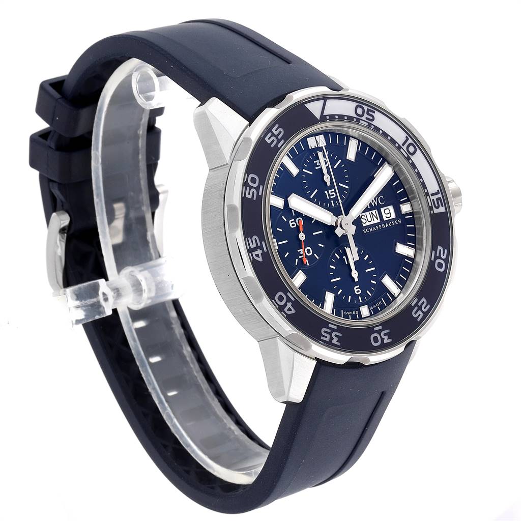 This image shows an IWC Aquatimer IW376711 Men's Stainless Steel Blue Dial IW376711 Men's Stainless Steel Blue Dial watch at a three-quarter angle, highlighting the dial, bezel, and rubber strap.