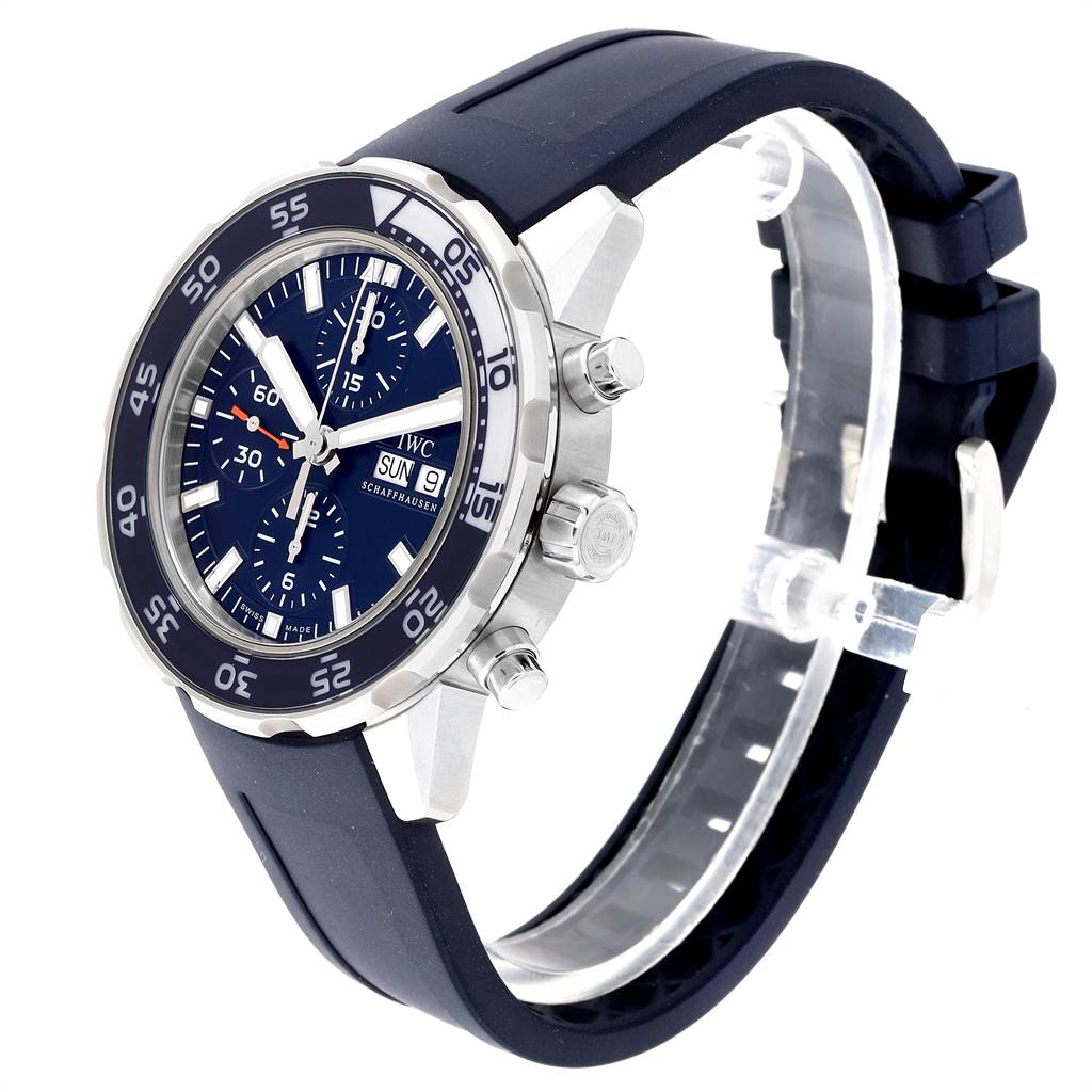 The IWC Aquatimer IW376711 Men's Stainless Steel Blue Dial IW376711 Men's Stainless Steel Blue Dial watch is shown at a three-quarter angle, highlighting its face, bezel, pushers, and rubber strap.