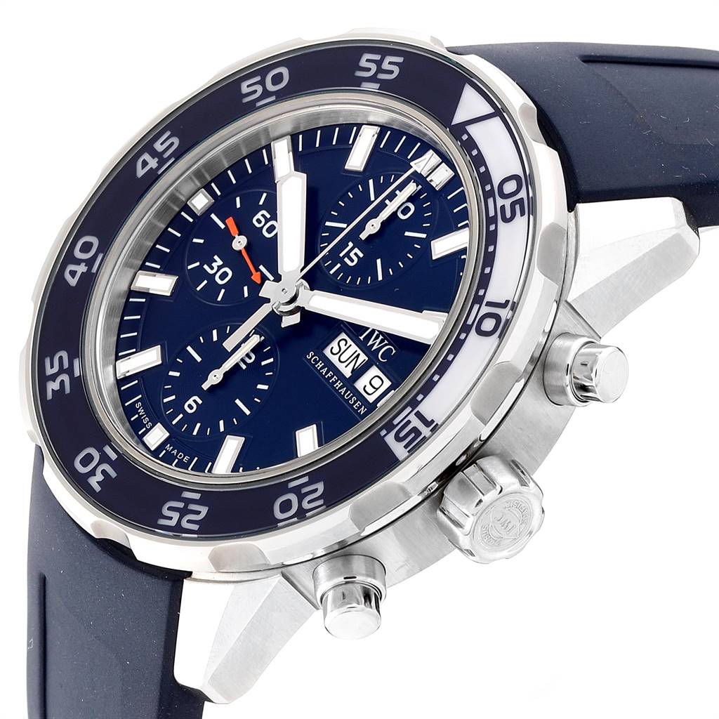 The image shows the IWC Aquatimer IW376711 Men's Stainless Steel Blue Dial IW376711 Men's Stainless Steel Blue Dial watch from an angled view highlighting the dial, bezel, crown, and chronograph pushers.