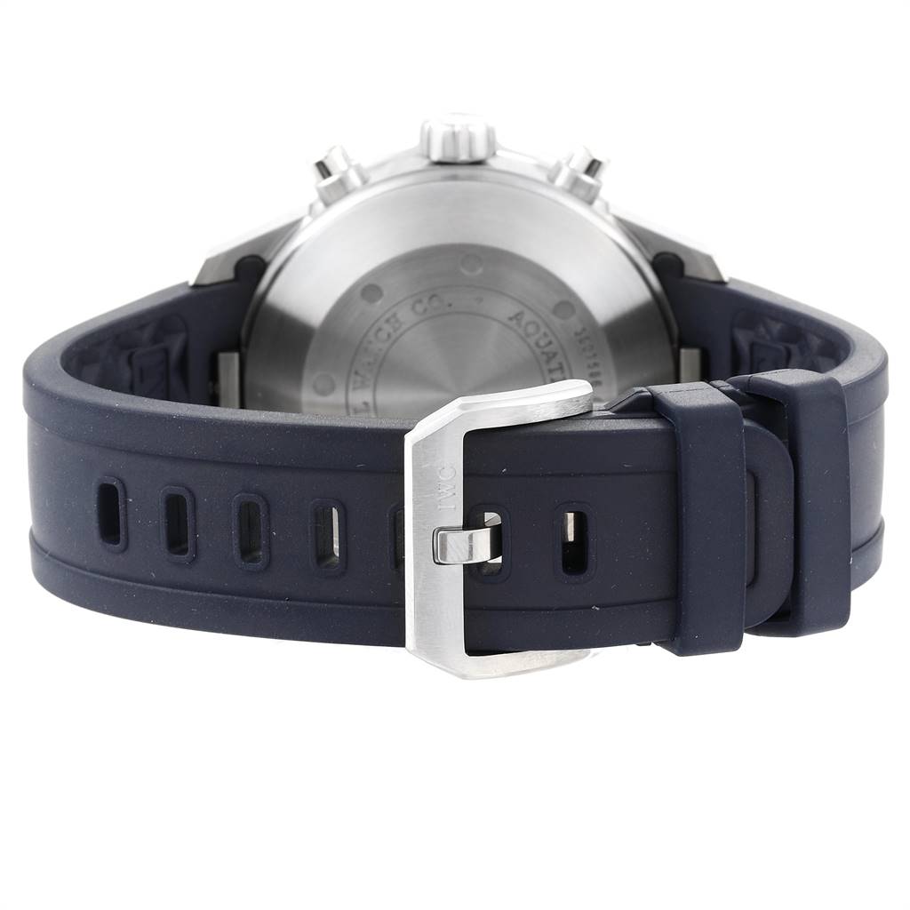 The image shows the back of an IWC Aquatimer IW376711 Men's Stainless Steel Blue Dial IW376711 Men's Stainless Steel Blue Dial watch, highlighting the case back and the rubber strap with a metal buckle.