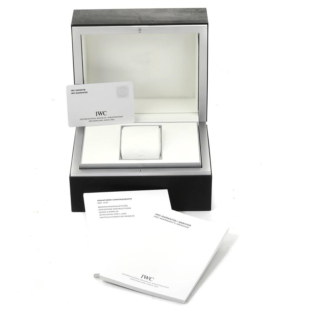 This image shows the IWC Aquatimer IW376711 Men's Stainless Steel Blue Dial IW376711 Men's Stainless Steel Blue Dial watch box, warranty card, and instruction manuals from a front angle.