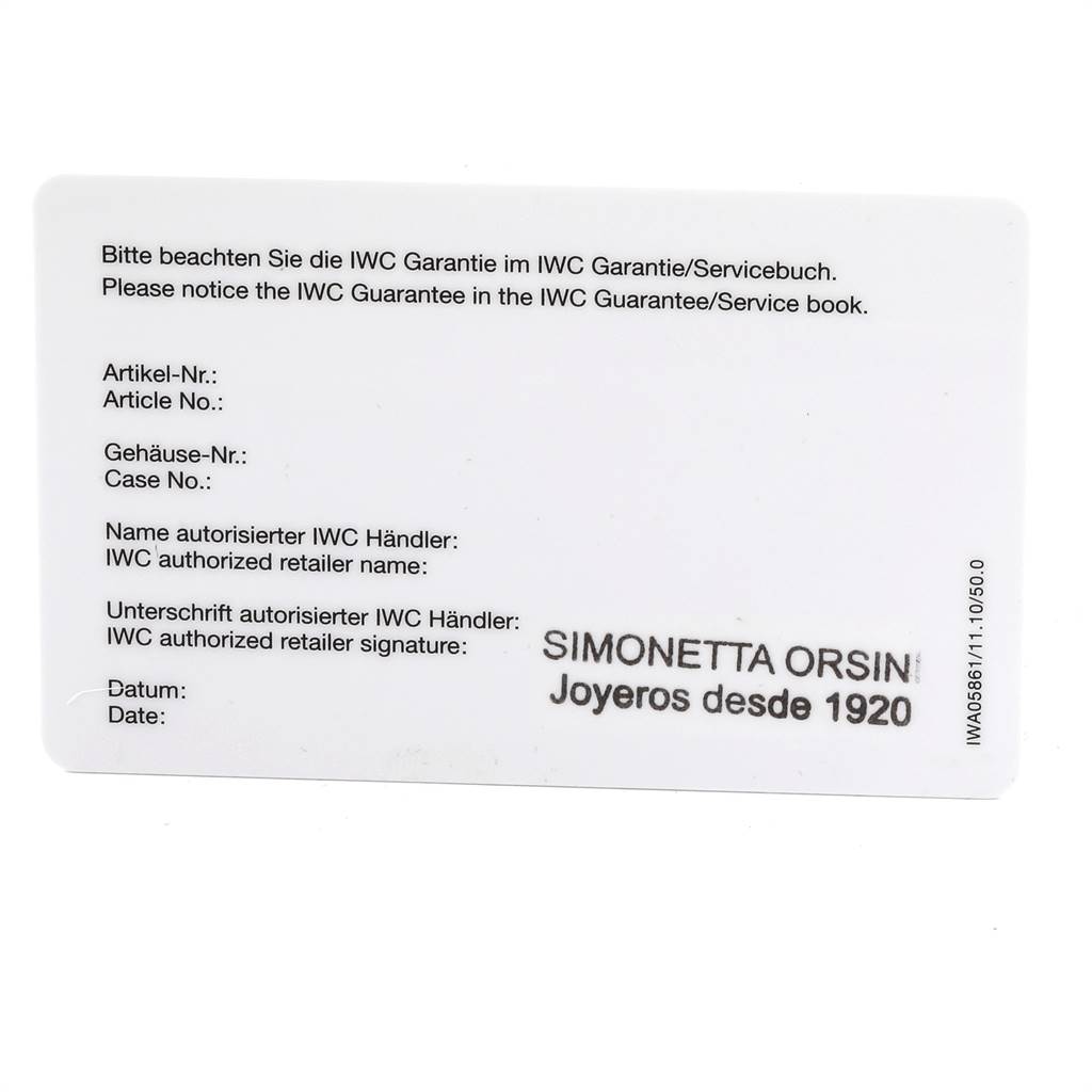 This image shows the warranty card for an IWC Aquatimer IW376711 Men's Stainless Steel Blue Dial IW376711 Men's Stainless Steel Blue Dial watch, viewed from above.