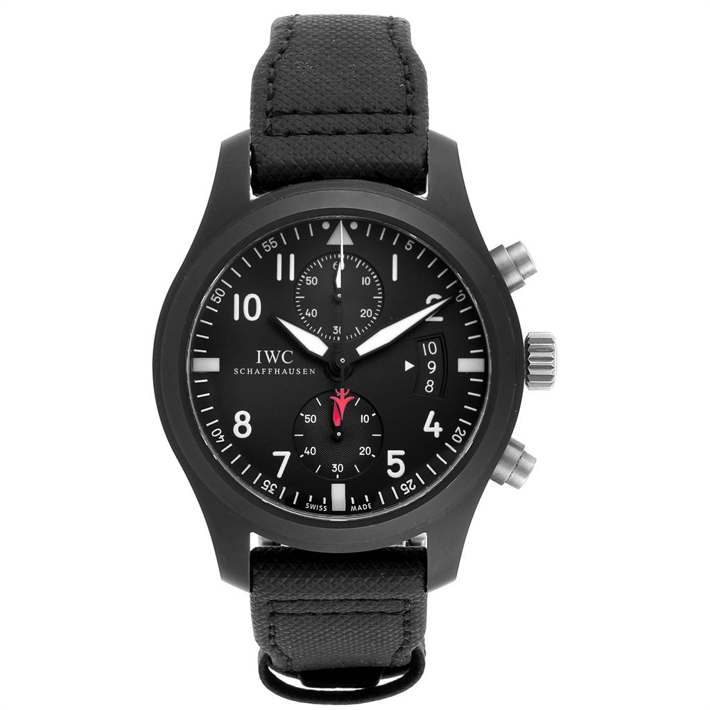 The IWC Pilot IW388001 Men
s Titanium Black Dial IW388001 Men
s Titanium Black Dial model watch is shown from a front angle, displaying its black dial, chronograph subdials, and black strap.