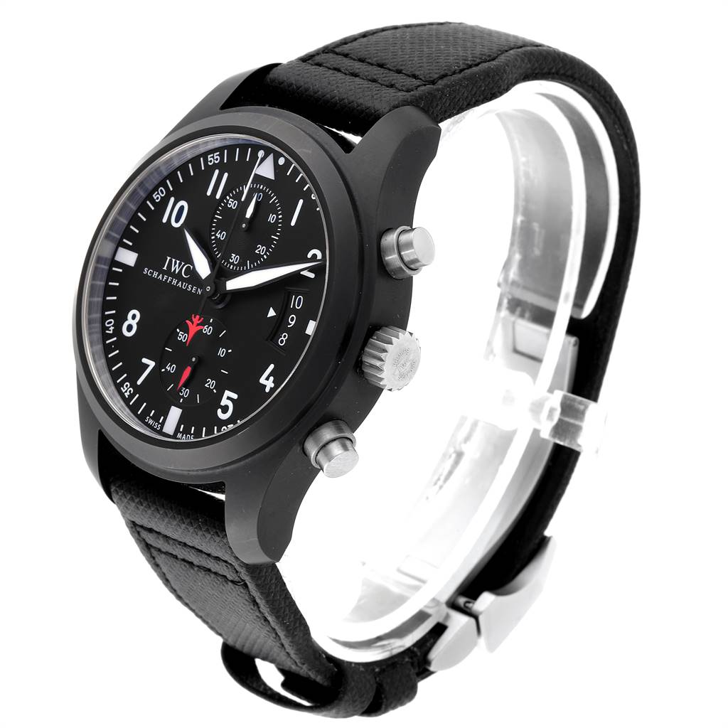 The IWC Pilot IW388001 Men
s Titanium Black Dial IW388001 Men
s Titanium Black Dial model watch is shown at a three-quarter angle displaying the face, crown, and pushers and the strap.