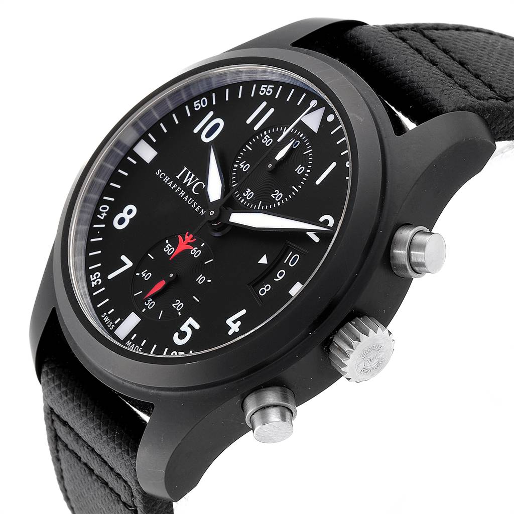 The image shows a side angle of the IWC Pilot IW388001 Men
s Titanium Black Dial IW388001 Men
s Titanium Black Dial model watch, highlighting its face, crown, pushers, and strap.