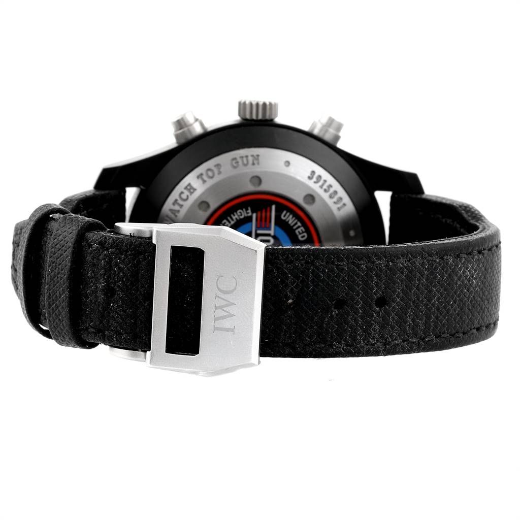 This image shows the back of the IWC Pilot IW388001 Men
s Titanium Black Dial IW388001 Men
s Titanium Black Dial model watch, including the clasp and part of the strap.