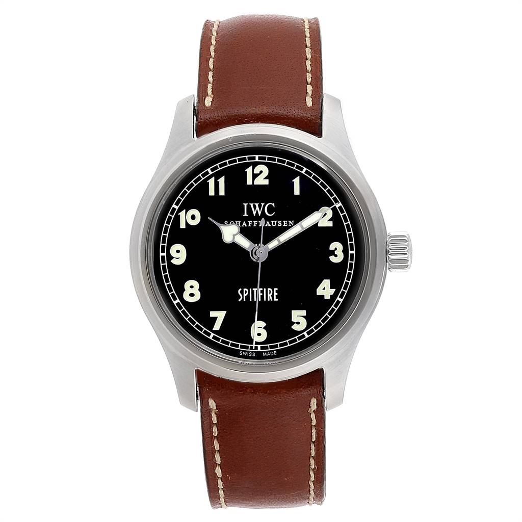 The image shows a front view of the IWC Pilot IW3253005 Men's Stainless Steel Black Dial IW3253005 Men's Stainless Steel Black Dial model 'Spitfire' watch, featuring its face, case, and leather strap.