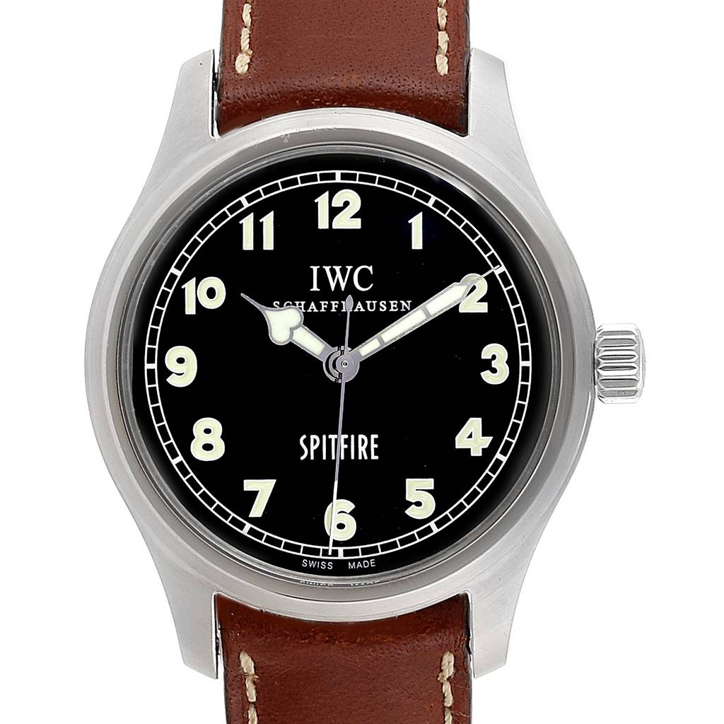 This image shows a front view of the IWC Pilot IW3253005 Men's Stainless Steel Black Dial IW3253005 Men's Stainless Steel Black Dial model watch with a brown leather strap and black dial.