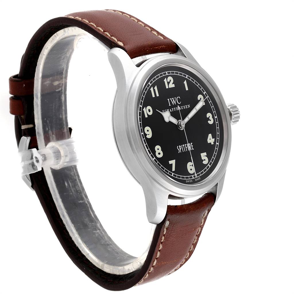 The image shows a side view of an IWC Pilot IW3253005 Men's Stainless Steel Black Dial IW3253005 Men's Stainless Steel Black Dial Spitfire watch, highlighting its black dial and brown leather strap.