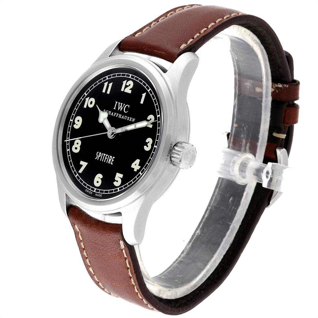 The IWC Pilot IW3253005 Men's Stainless Steel Black Dial IW3253005 Men's Stainless Steel Black Dial Spitfire watch is shown at a slight angle, featuring the dial, crown, and brown leather strap.