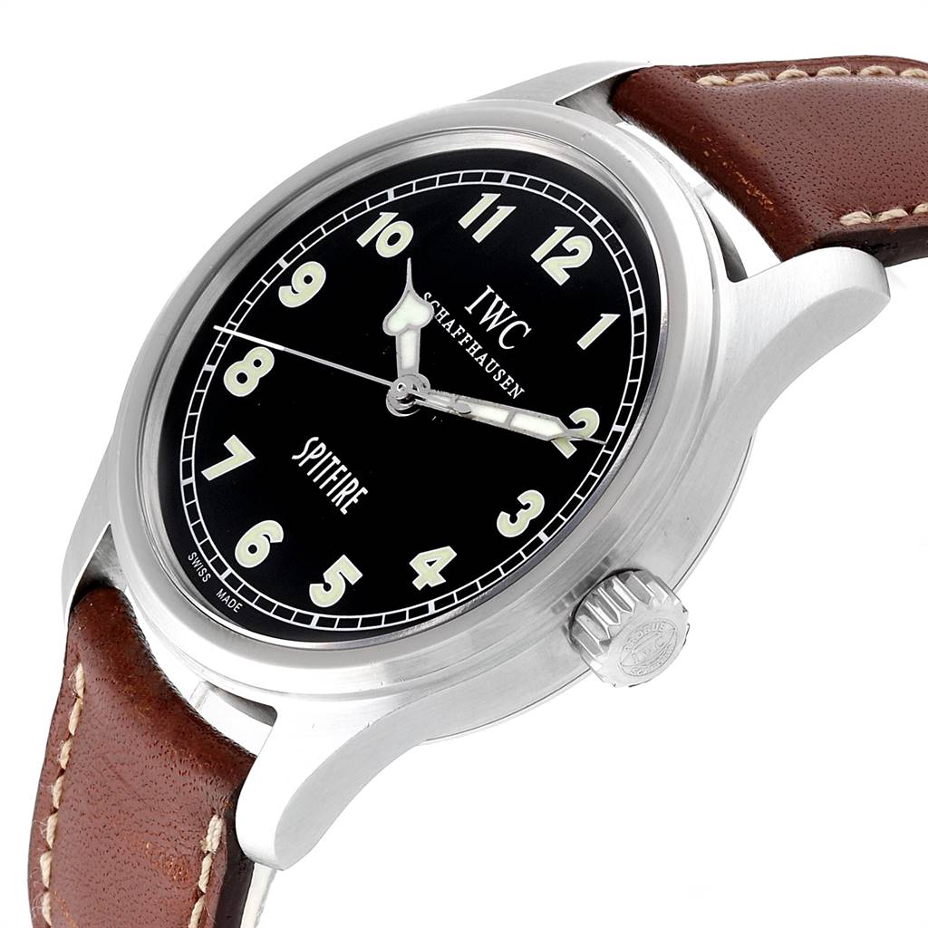 The image shows an angled view of the IWC Pilot IW3253005 Men's Stainless Steel Black Dial IW3253005 Men's Stainless Steel Black Dial Spitfire watch face, case, and part of its brown leather strap.