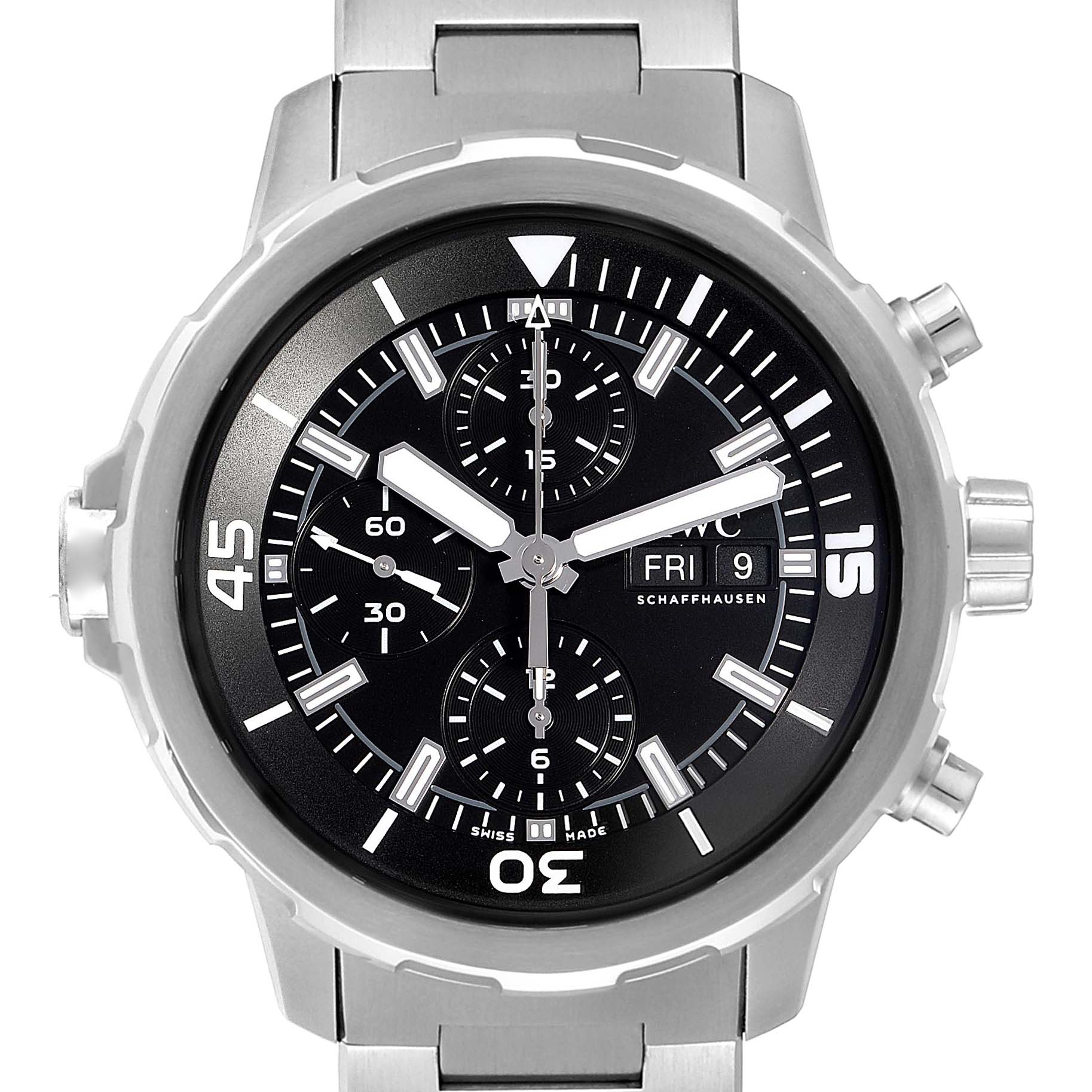 The image shows a front view of the IWC Aquatimer IW376804 Men's Stainless Steel Black Dial IW376804 Men's Stainless Steel Black Dial watch, highlighting its dial, bezel, and stainless steel bracelet.