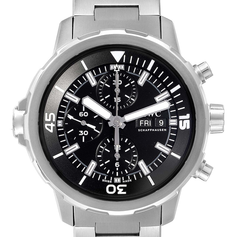 The image shows a front view of the IWC Aquatimer watch, highlighting its dial, bezel, and stainless steel bracelet.