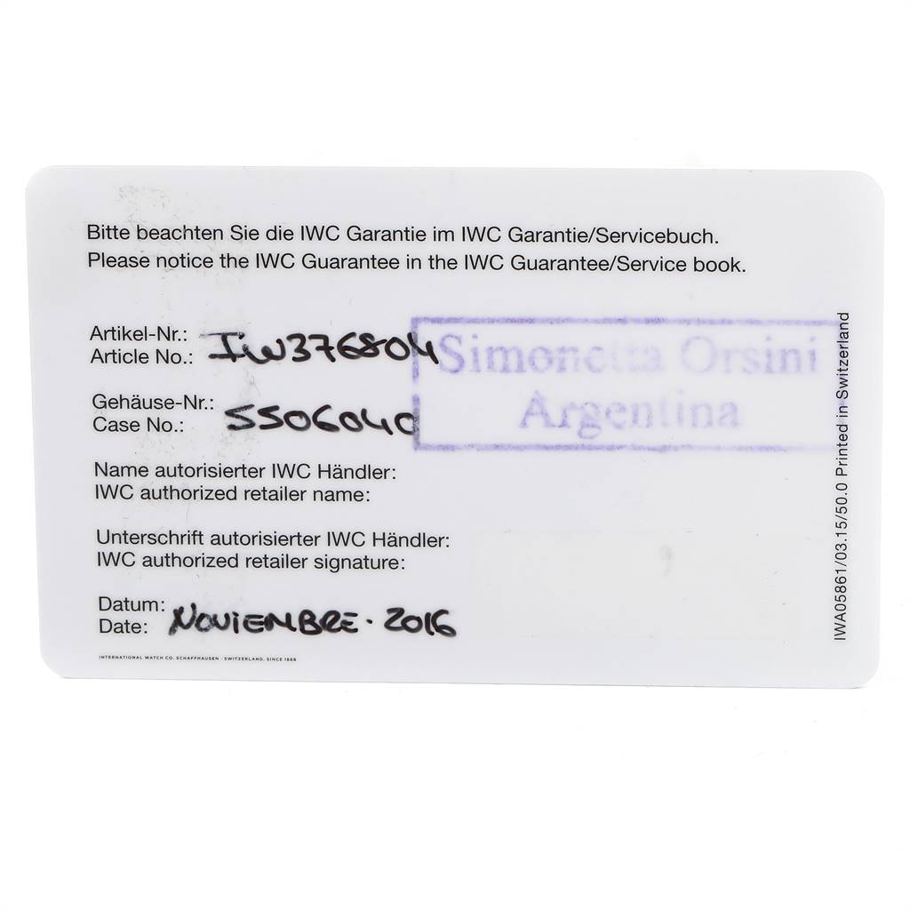 This image shows a warranty card for the IWC Aquatimer IW376804 Men's Stainless Steel Black Dial IW376804 Men's Stainless Steel Black Dial model watch, displaying details like article and case numbers.