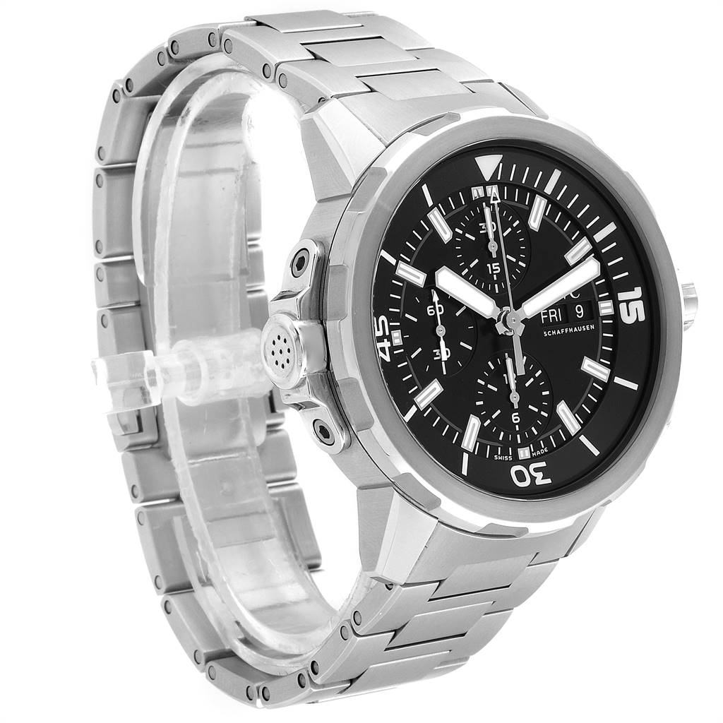 The image shows a side-angle view of an IWC Aquatimer IW376804 Men's Stainless Steel Black Dial IW376804 Men's Stainless Steel Black Dial watch, displaying the face, bezel, and metal bracelet.