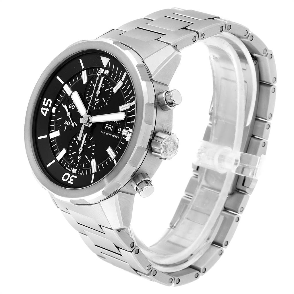 The IWC Aquatimer IW376804 Men's Stainless Steel Black Dial IW376804 Men's Stainless Steel Black Dial watch is shown at a three-quarter angle, displaying the face, bezel, side buttons, and metal bracelet.