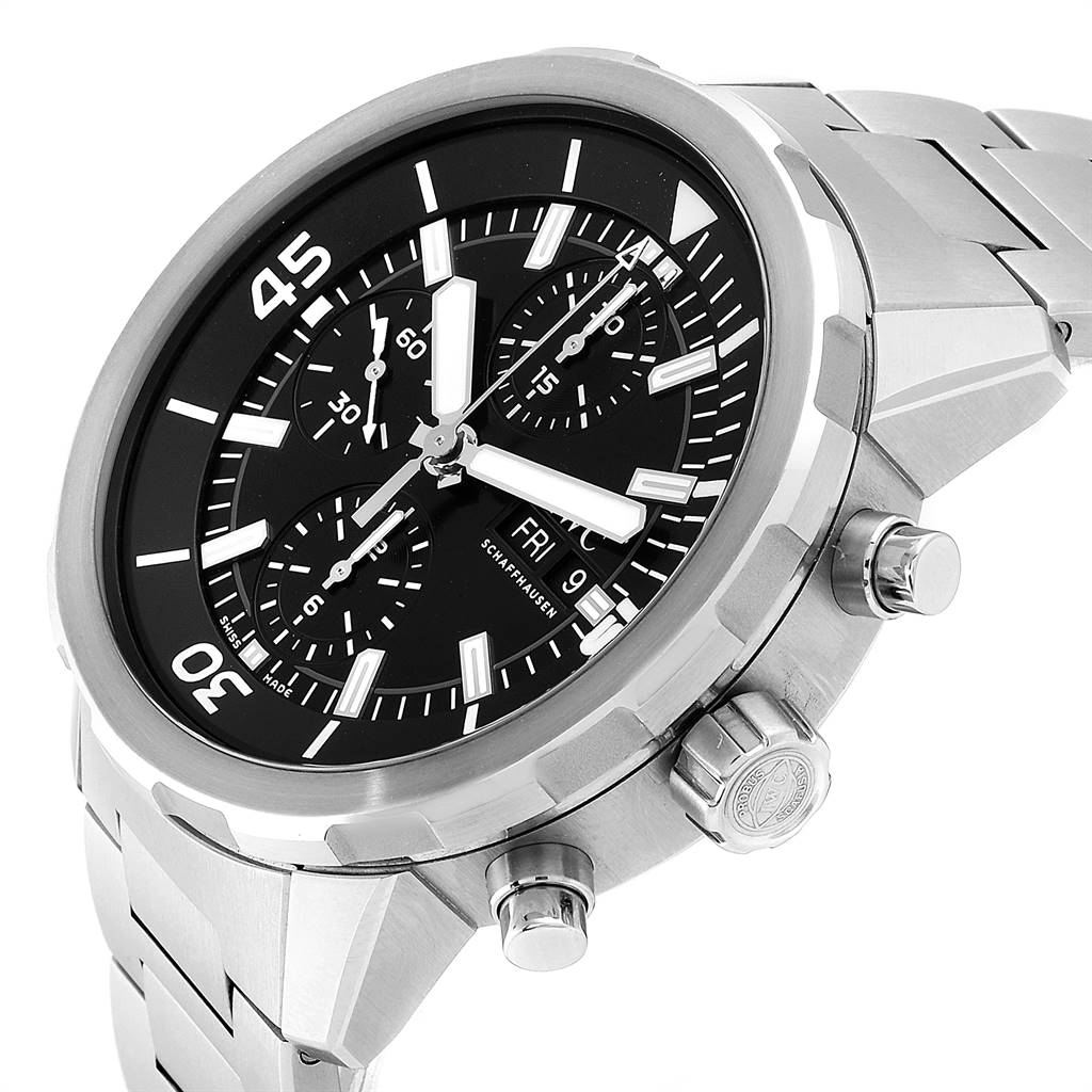 The IWC Aquatimer IW376804 Men's Stainless Steel Black Dial IW376804 Men's Stainless Steel Black Dial watch is shown from an angled front view, featuring its bezel, dial, chronograph pushers, and stainless steel bracelet.