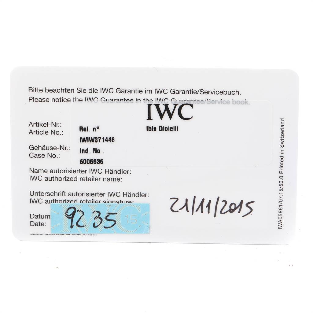 This image shows the warranty card for an IWC Portuguese IW371446 Men's Stainless Steel Silver Dial IW371446 Men's Stainless Steel Silver Dial model watch.