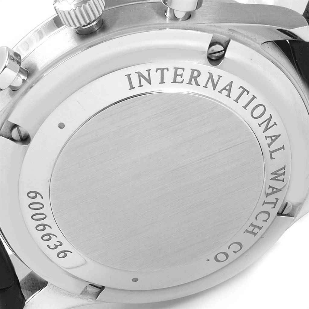 This image shows the back of an IWC Portuguese IW371446 Men's Stainless Steel Silver Dial IW371446 Men's Stainless Steel Silver Dial model watch, highlighting the case back and engraving details.