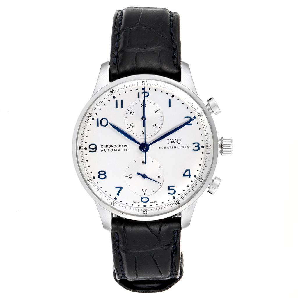 This is a front view of the IWC Portuguese IW371446 Men's Stainless Steel Silver Dial IW371446 Men's Stainless Steel Silver Dial Chronograph Automatic watch, showing the dial, hands, sub-dials, and leather strap.