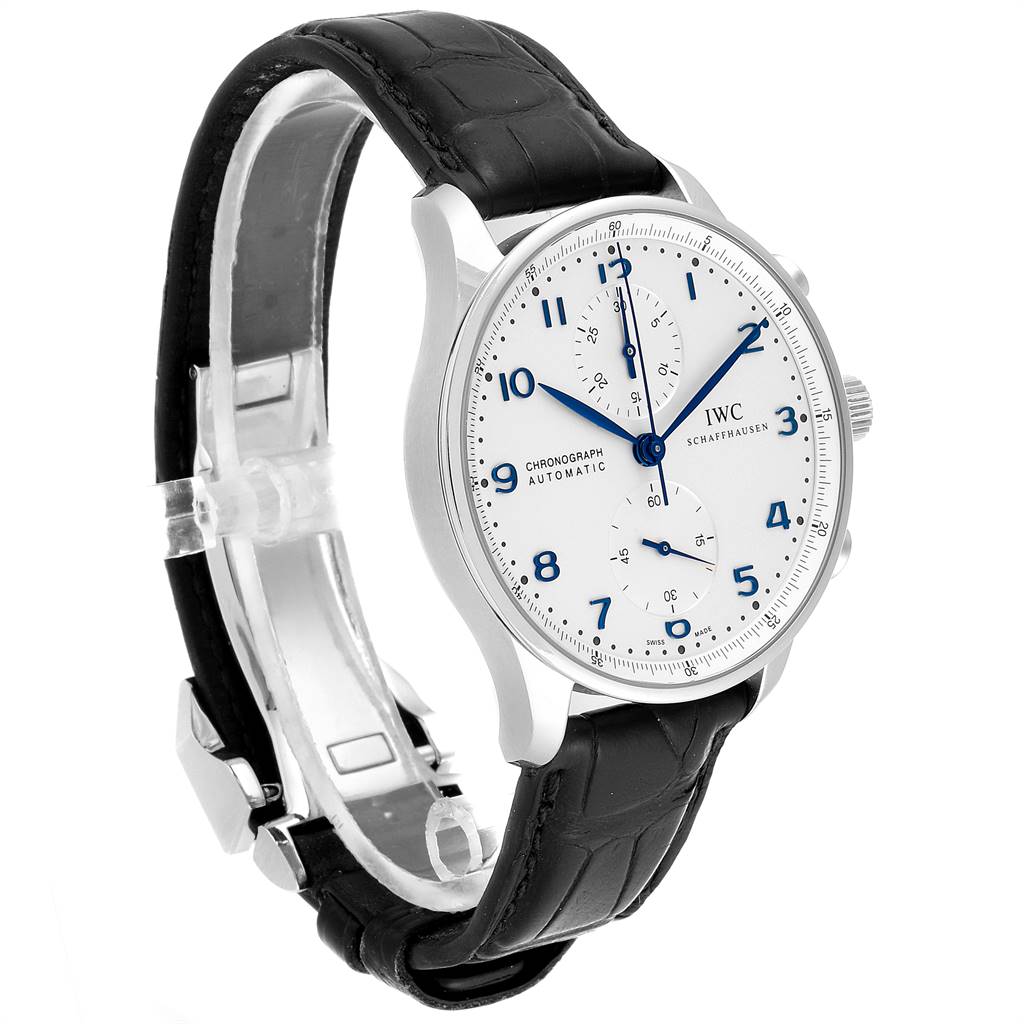 This image shows an IWC Portuguese IW371446 Men's Stainless Steel Silver Dial IW371446 Men's Stainless Steel Silver Dial model watch, highlighting the face, dial, and part of the leather strap, at a side angle.