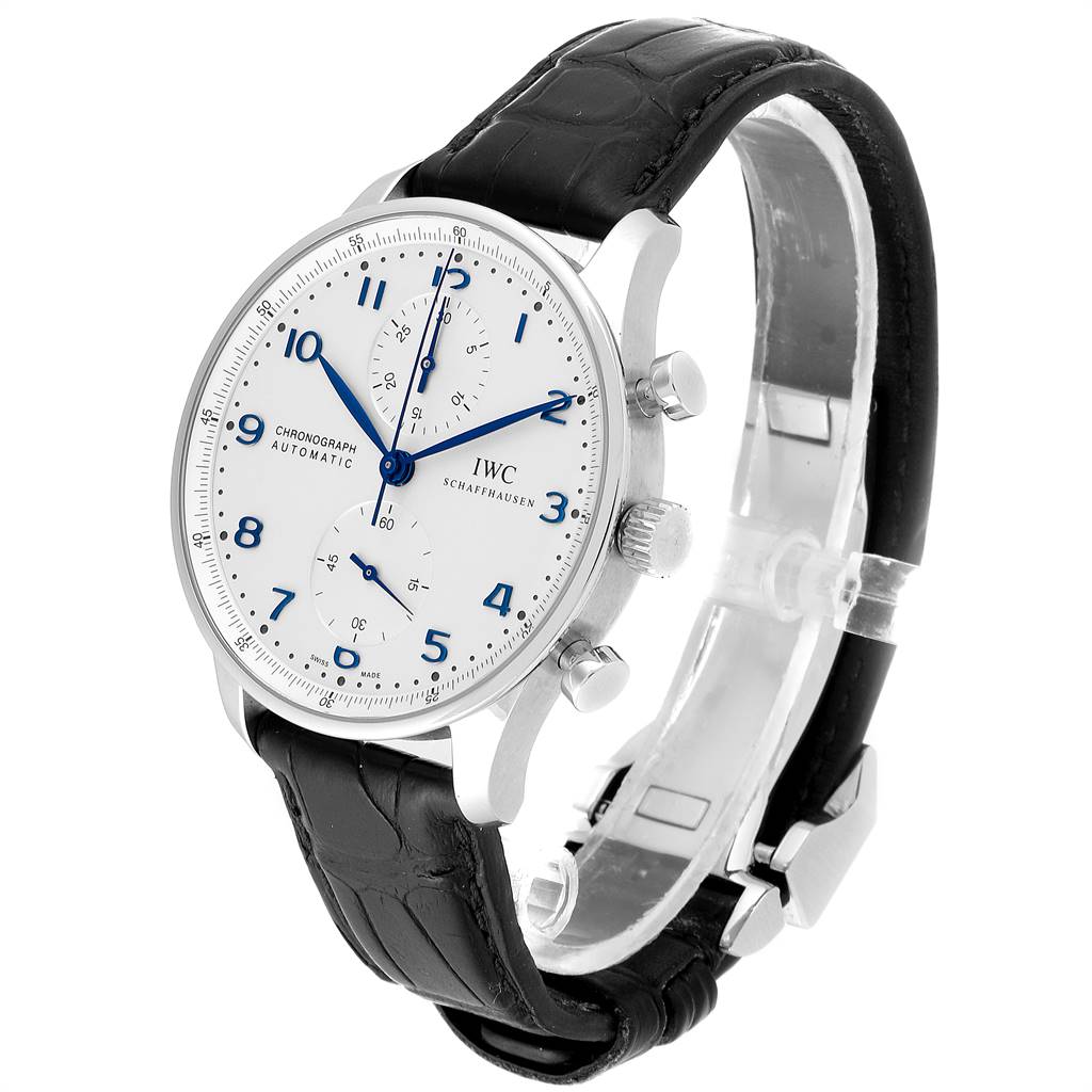 The image shows a Portuguese model by IWC from a front-side angle, highlighting its dial, case, crown, pushers, and leather strap.