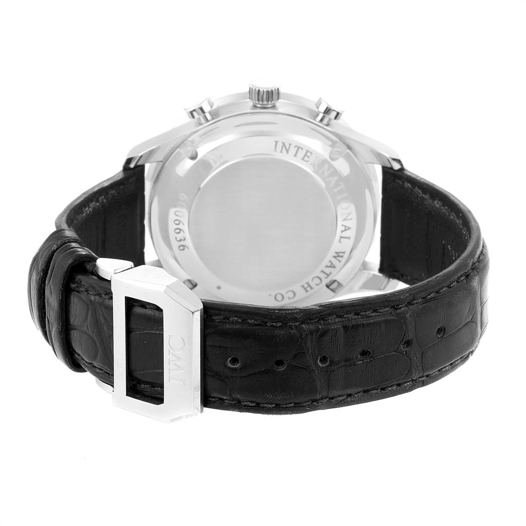 The image shows the back case and leather strap of the IWC Portuguese IW371446 Men's Stainless Steel Silver Dial IW371446 Men's Stainless Steel Silver Dial model watch.