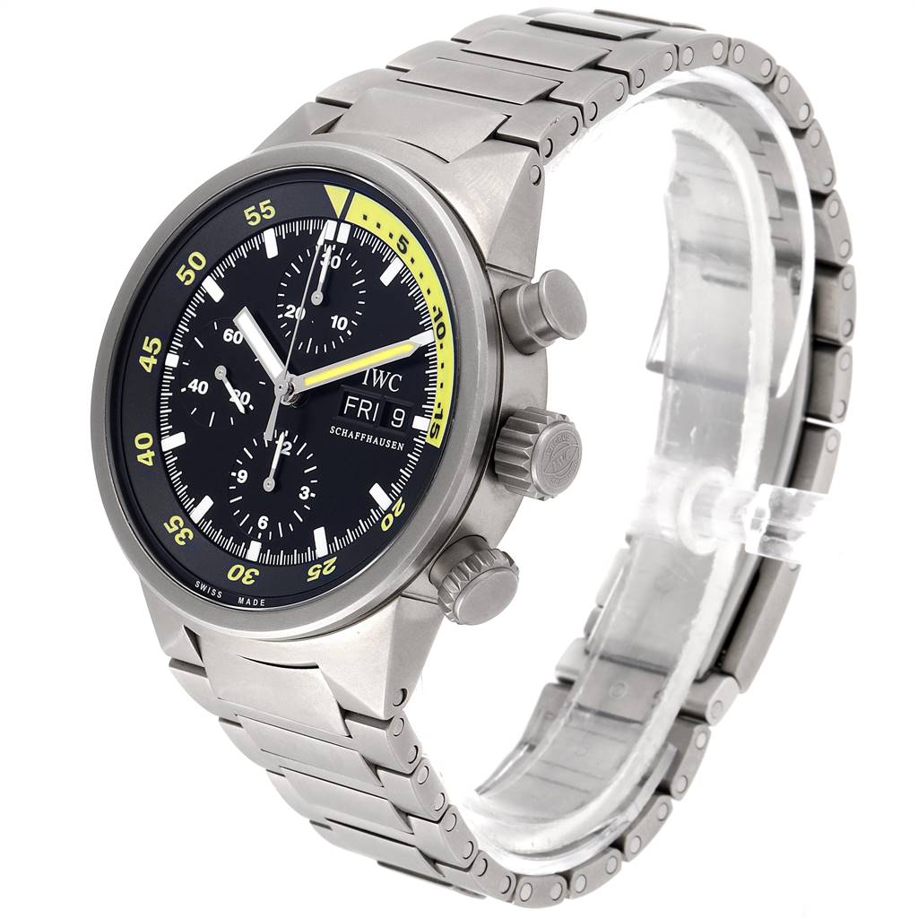 The IWC GST IW371903 Men's Titanium Black Dial IW371903 Men's Titanium Black Dial model watch is shown at a slight angle, displaying the face, bezel, crown, pushers, and the metal bracelet.